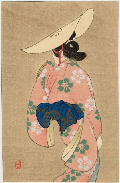woodblock print by Uemura Shôen. Female dancer in red Kimono and big hat dancing